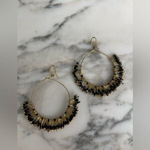Elegant Gold and Black Beaded Hoop Earrings